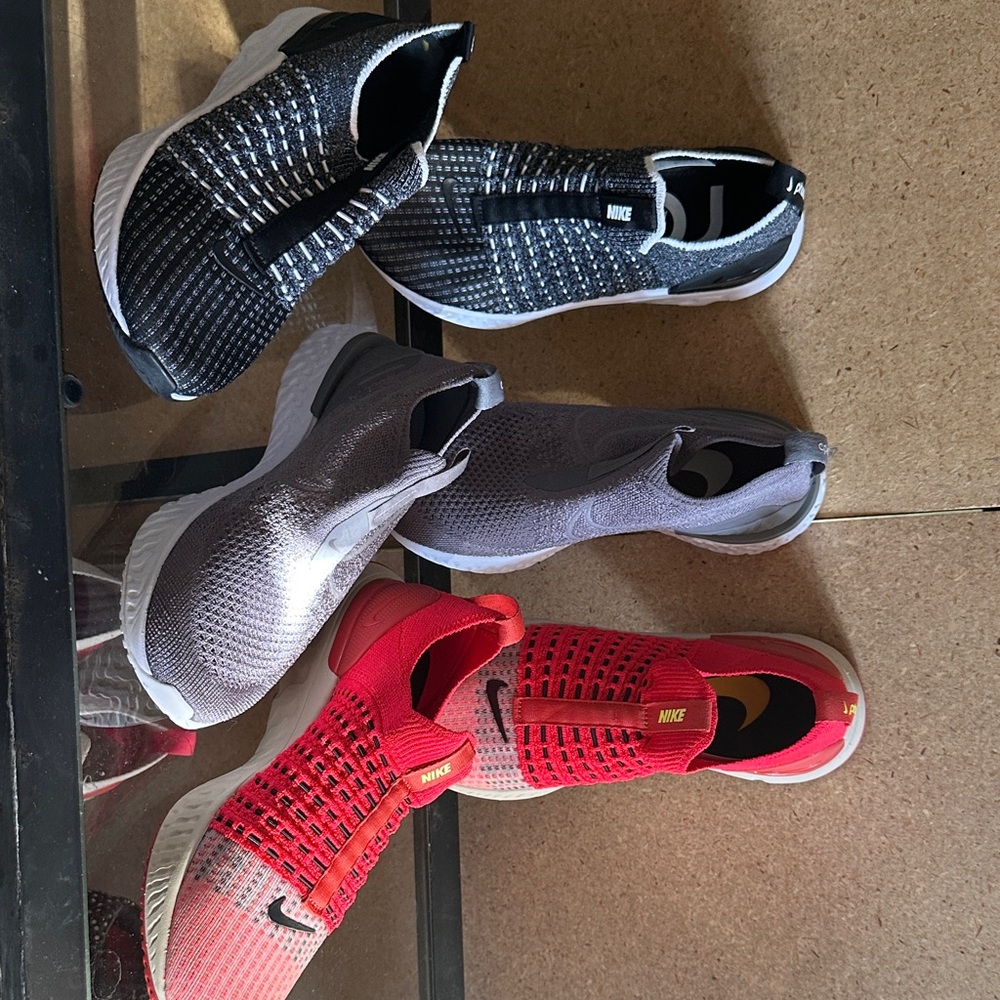 Nike Flyknit Slip-On Shoes in Black, Gray, and Red